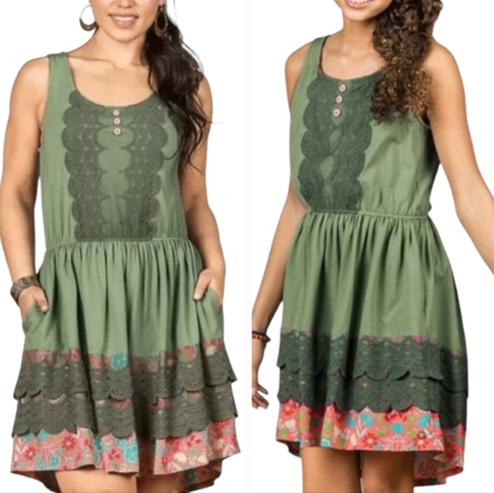 Matilda Jane Peaceful‎ Plains Green Lace Tank Dress Pockets Women's Size XS